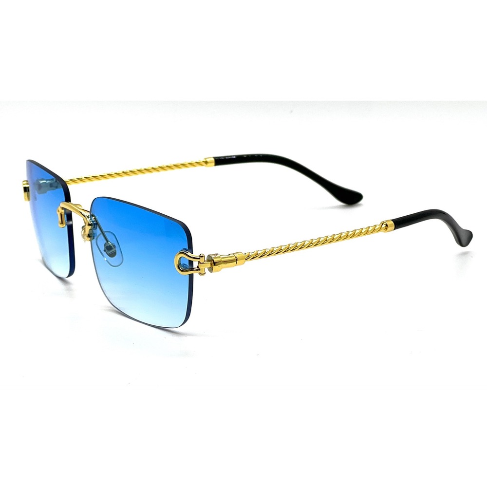 Mens Rimless Square Sunglasses Blue Gradient Gold Twisted Rope Frame Retro Shape - Picture 7 of 11
